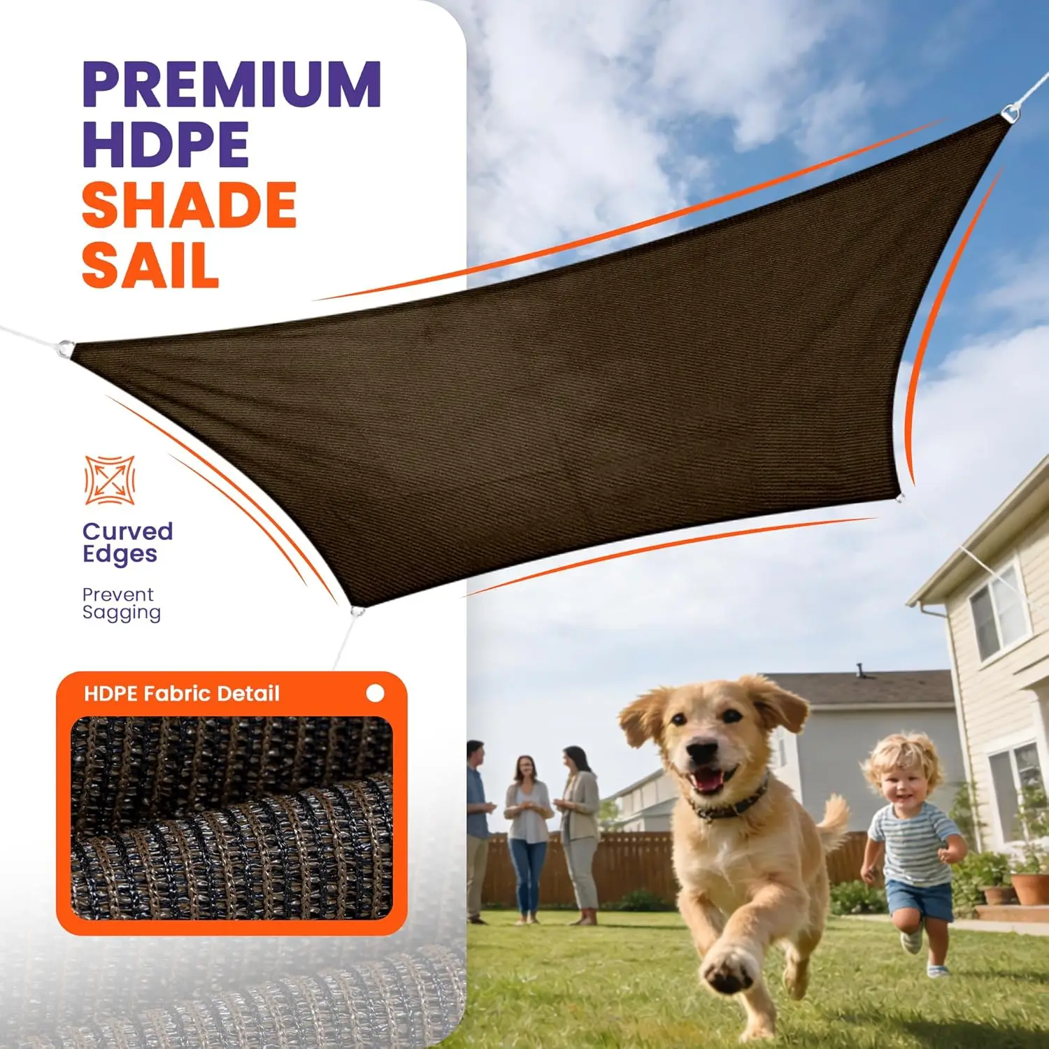 10' X 10' Rectangle Sun Shade Sail, Curved Edge Canopy Cover UV Block Sunshade Cloth for Outdoor Patio Backyard Garden Pool (Brown)