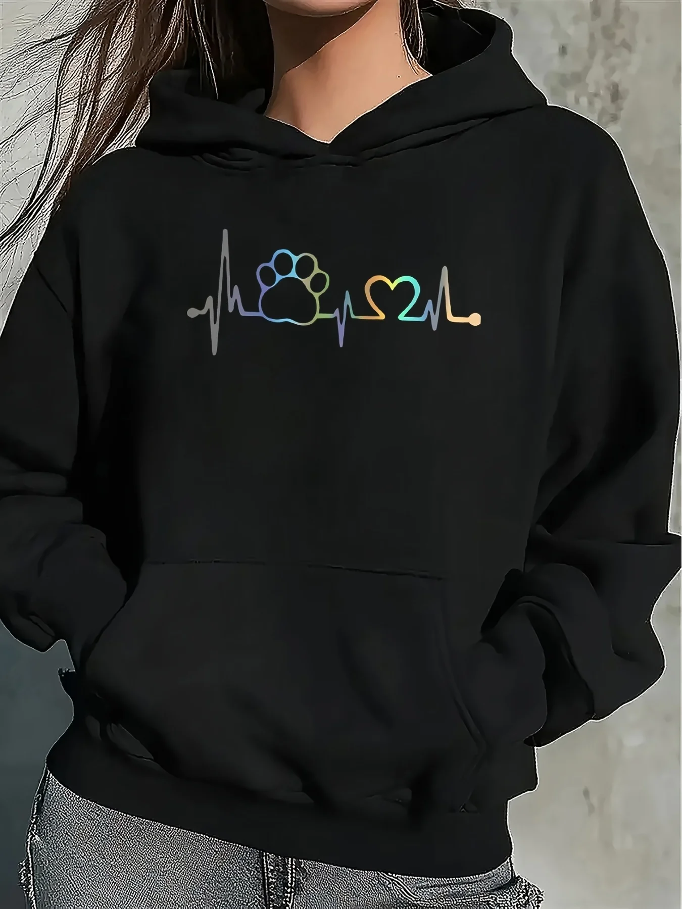 Plus Size - Oversized Fit Hoodie - This Black Hoodie for Women Features a Vibrant Rainbow Paw And Heart ECG Design. It'S Lightweight, Durable, And Ideal for Casual Outings Or Relaxing at Home, Ensuring a Comfortable Fit for Daily Casual Wear