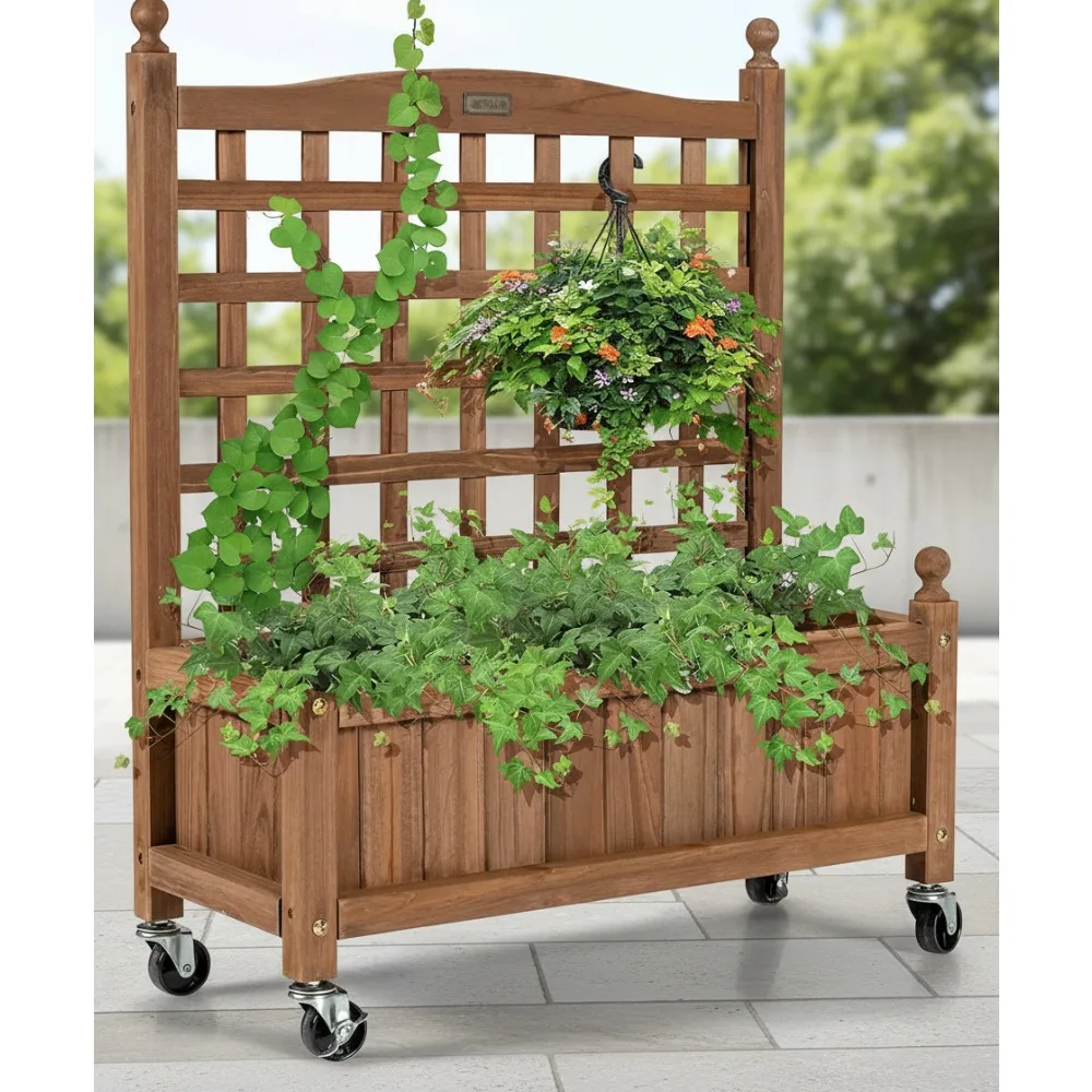 

Mobile Raised Garden Bed with Trellis and Wheels, Vertical Planter for Balcony Patio Yard Plants