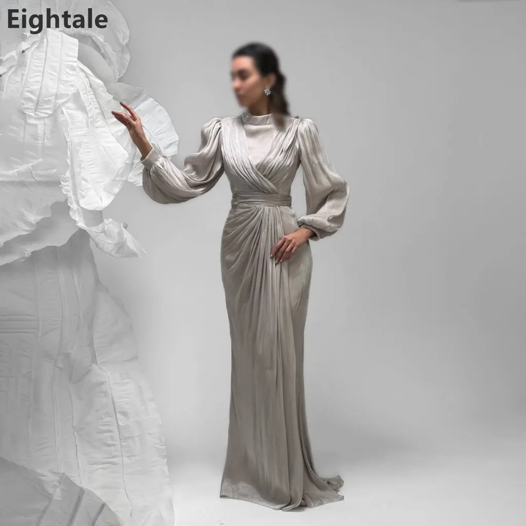 

Eightale 2025 Silver Silk Maxi Evening Dress Long Sleeve Mermaid Formal Prom Dress Dubai Wedding Party Gown Customized