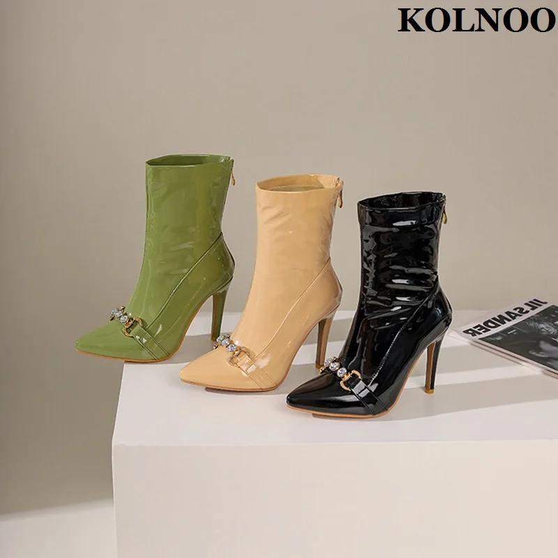 Kolnoo stivali con tacco alto da donna fatti a mano di nuovo stile scarpe da ballo di moda da sera in pelle verniciata a punta di cristallo