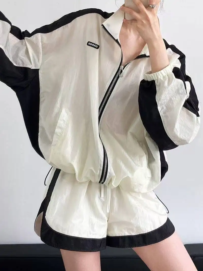 Women Color Block 2 Piece Tracksuit Summer Lightweight Sun Protection Zipper Jacket Drawstring Shorts Casual Sport Outfit Set