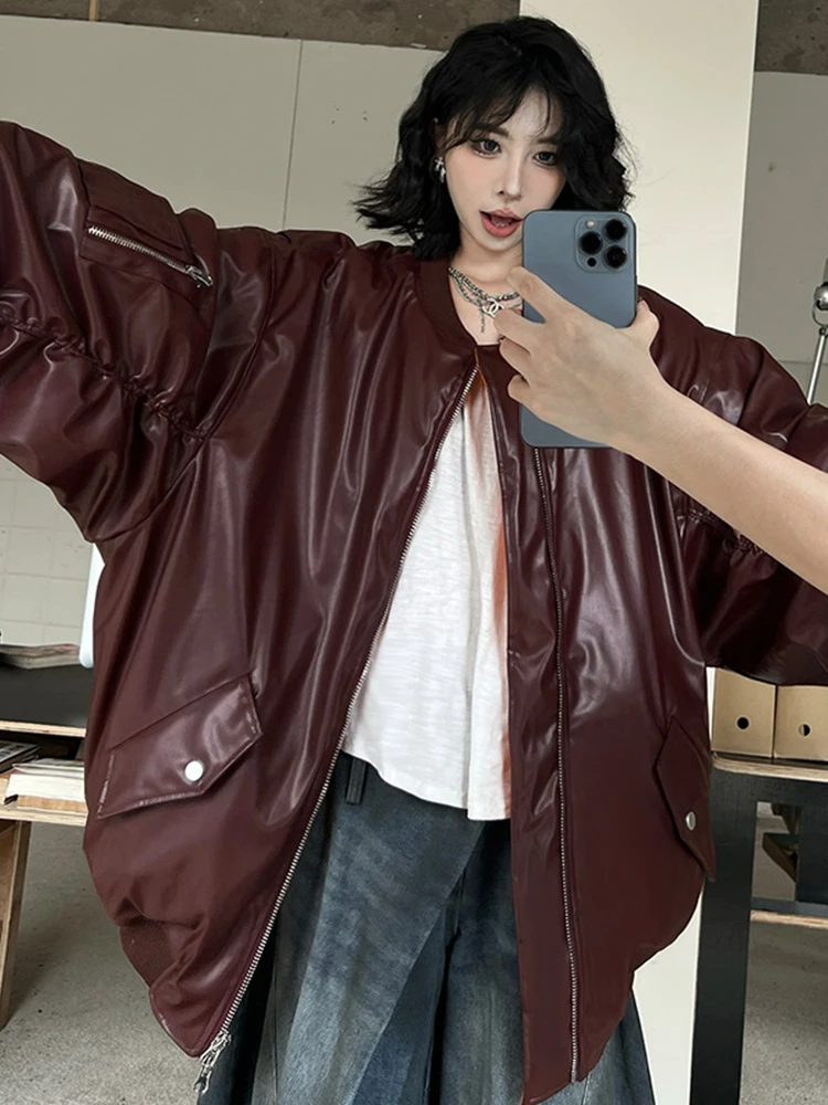 [EAM] Both Side Wear Leather Big Size Warm Cotton-padded Coat Long Sleeve Women Parkas Fashion New Autumn Winter 2024 1DH8064