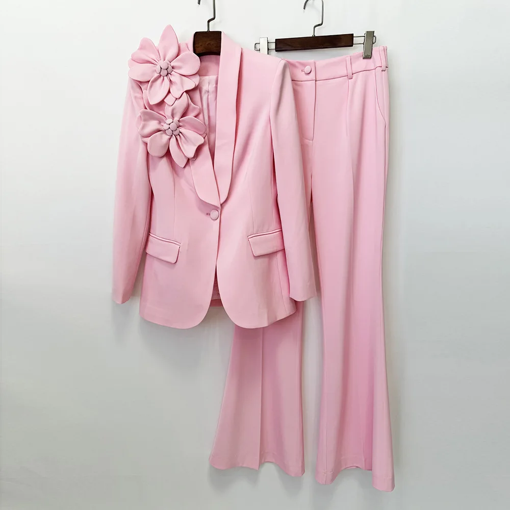 Women 3D Floral Decor Blazer Pants Suit 2 Piece Set Elegant Notched Lapel One Button Formal Office Business Trouser Outfit