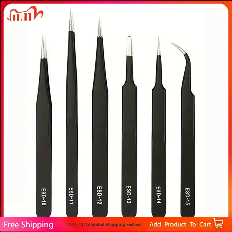 Precision ESD anti-static tweezers set -6-pc stainless steel tool for electronic repair and process modeling, bending 2025