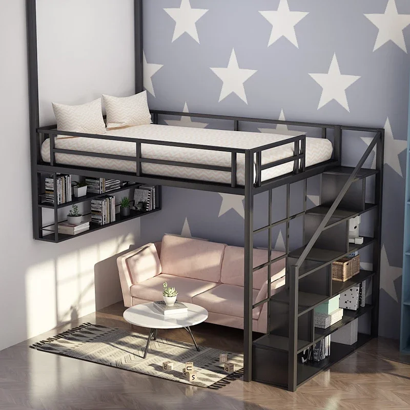 Wrought iron elevated small apartment loft high low sheet upper layer duplex second floor bed ladder cabinet iron frame bed