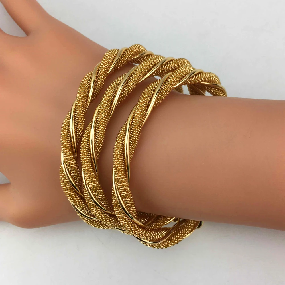 EMMA 3pcs African American Charm Goldplated Bracelets Cuff Bangles for Women Bridal Dubai Jewelry Daily Wear