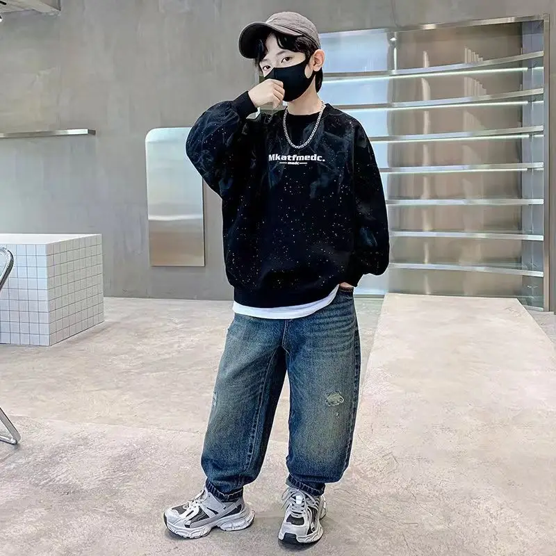 

2025 New Arrival Boys' Crewneck Sweatshirt Autumn Spring Long Sleeve Korean Style Casual Edgy Handsome Eye-Catching Trendy Top