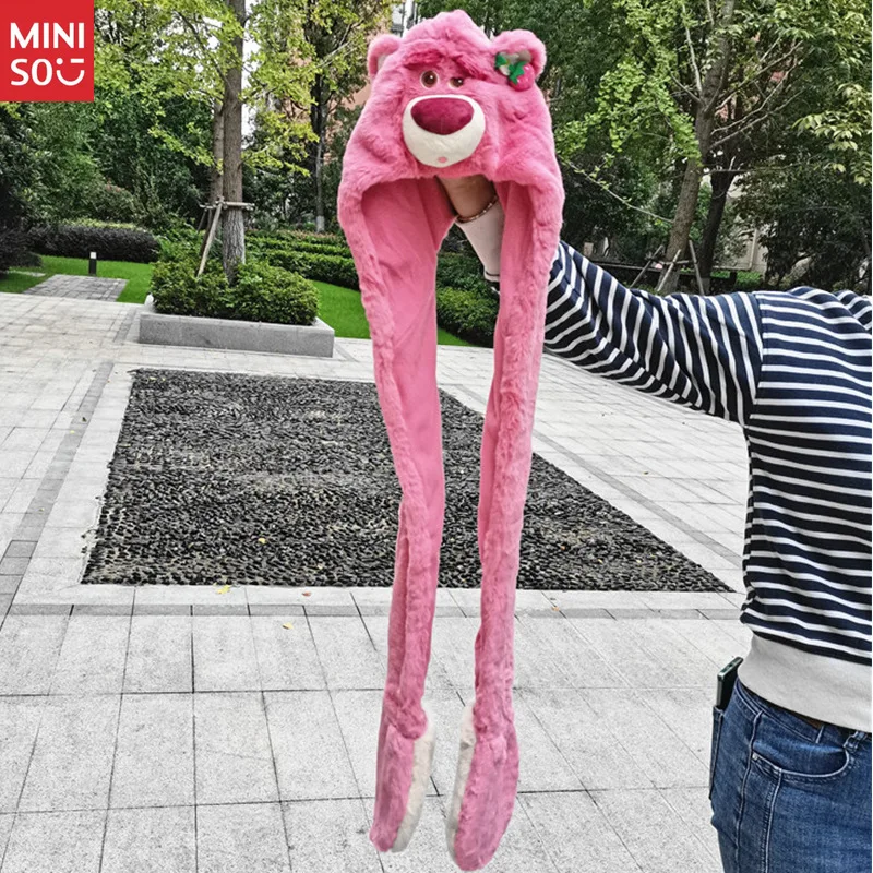 

Шарф с капюшоном и клубничным медведем Диснея, милые осенние и зимние наушники, детская шапка для девочек, подарок, детские игрушки