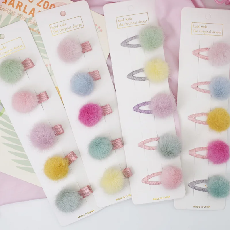 5Pcs/Set Pompom Baby Hair Clips Colorful Plush Ball Kids Hairpins Princess Girl Barrettes Children Headwear Photo Props BB Clip