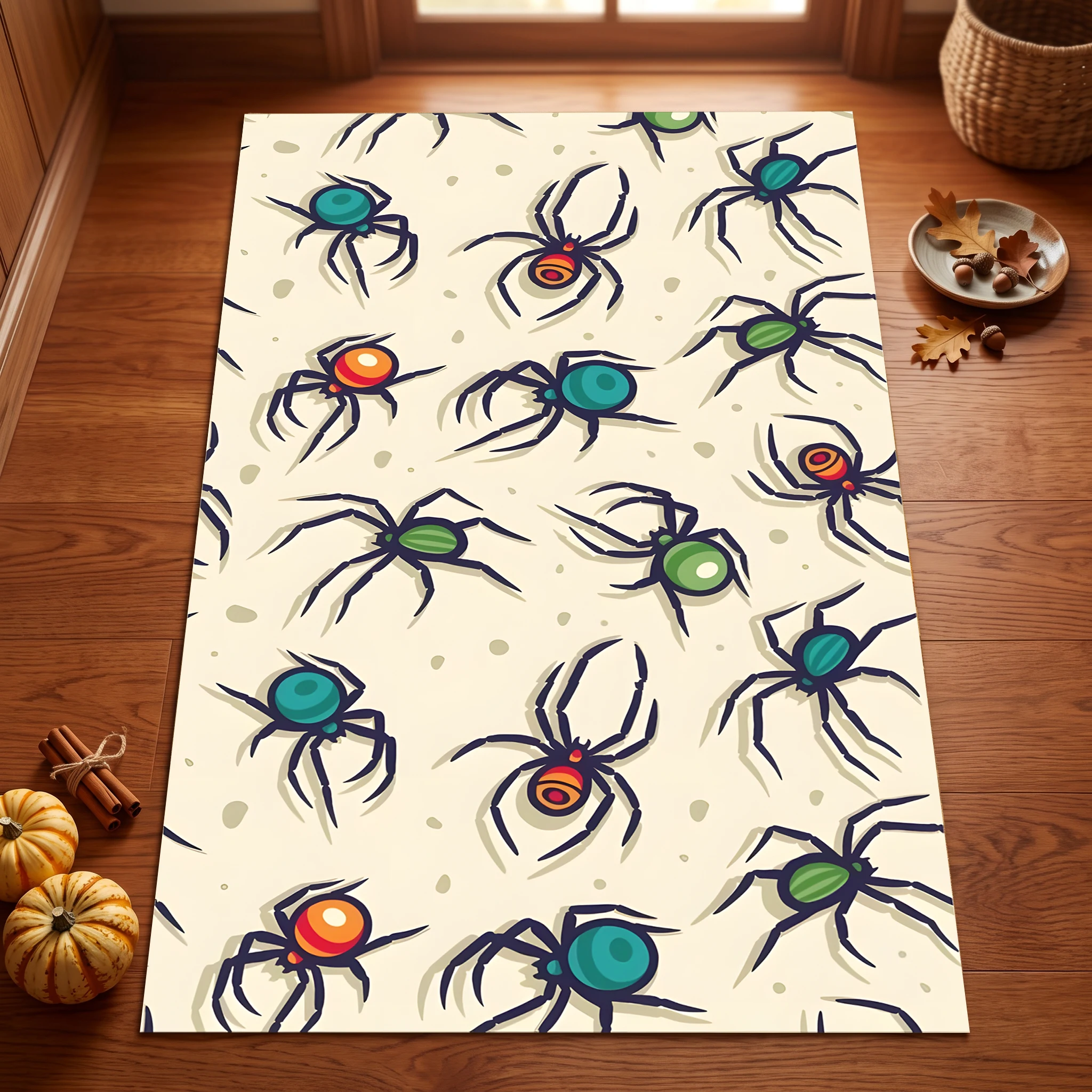 Colorful Spider Pattern Full-Print 2D Carpet, a Fun Way to Decorate Your Home and Halloween Parties.