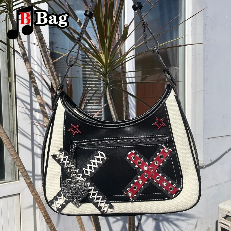 Millennial PU Splice Bag Pequena Spice Girl Retro Tote Um Ombro Crossbody Underarm Handbag y2k Harajuku mulher