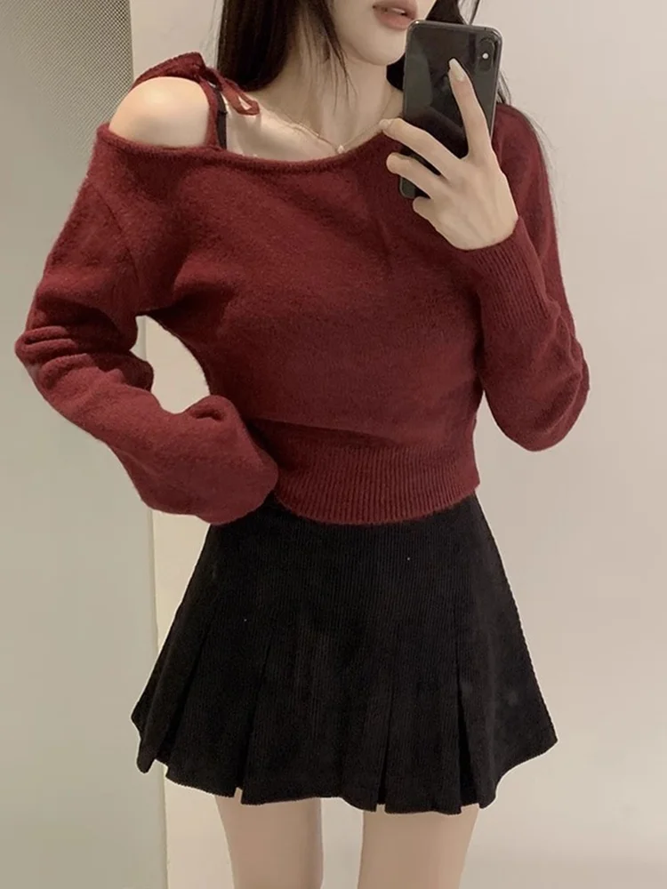 Chic Autumn Winter Knitted Short Sleeve Long Sleeve Sweater Women's Shoulder Bared Slant Collar Slimming Slish Versatile Top