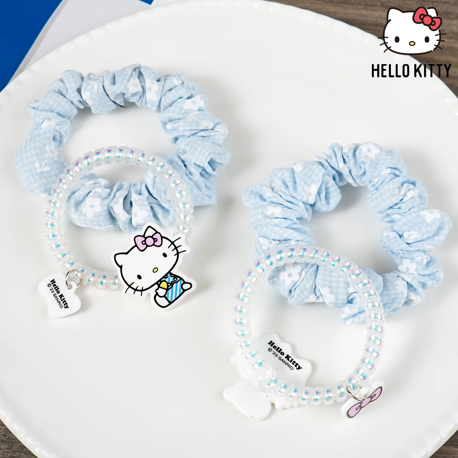 2pcs Hello Kitty Y2K Hair Tie Set – Metallic Coil & Soft Blue Scrunchie Combo, Retro Plaid Hair Loop, Color Matching Design