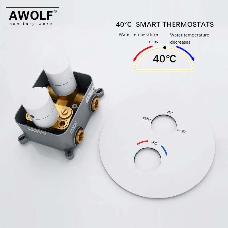 Imagem -05 - Awolf Banheiro Branco 40 °c Inteligente Sistema de Chuveiro Termostática Automático Latão Fixado na Parede Split Incorporado Chuveiro Mixer Conjunto Ah3060