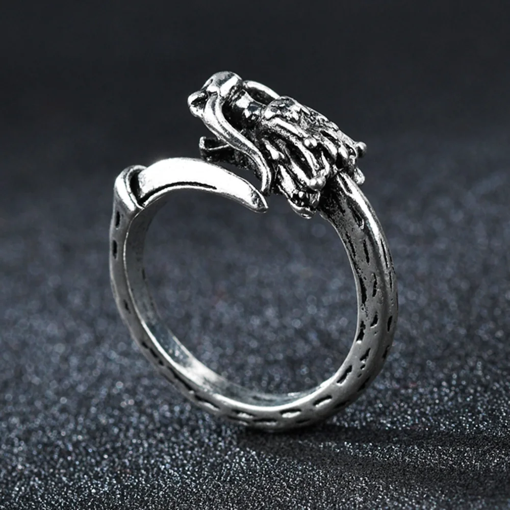 Silver Color Ancient Animal Dragon Style Punk Rings for Men Women Opening Ring Resizable Cool Paty Jewelry Gift High Quality