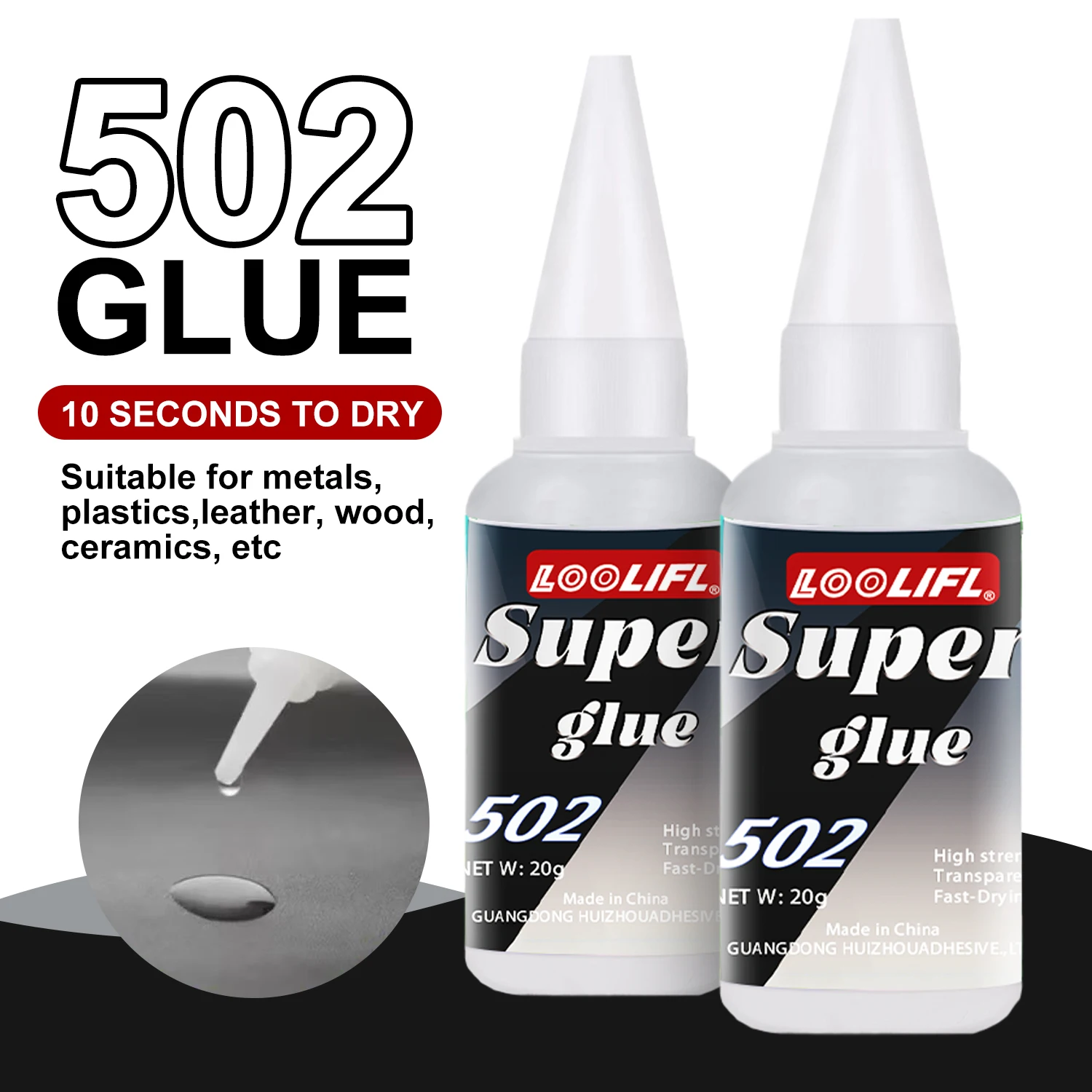20g 502 Super Glue Instant Cyanoacrylate Adhesive High Strength Fast Drying for Metal Wood Plastic Ceramic Glass DIY Home Repair