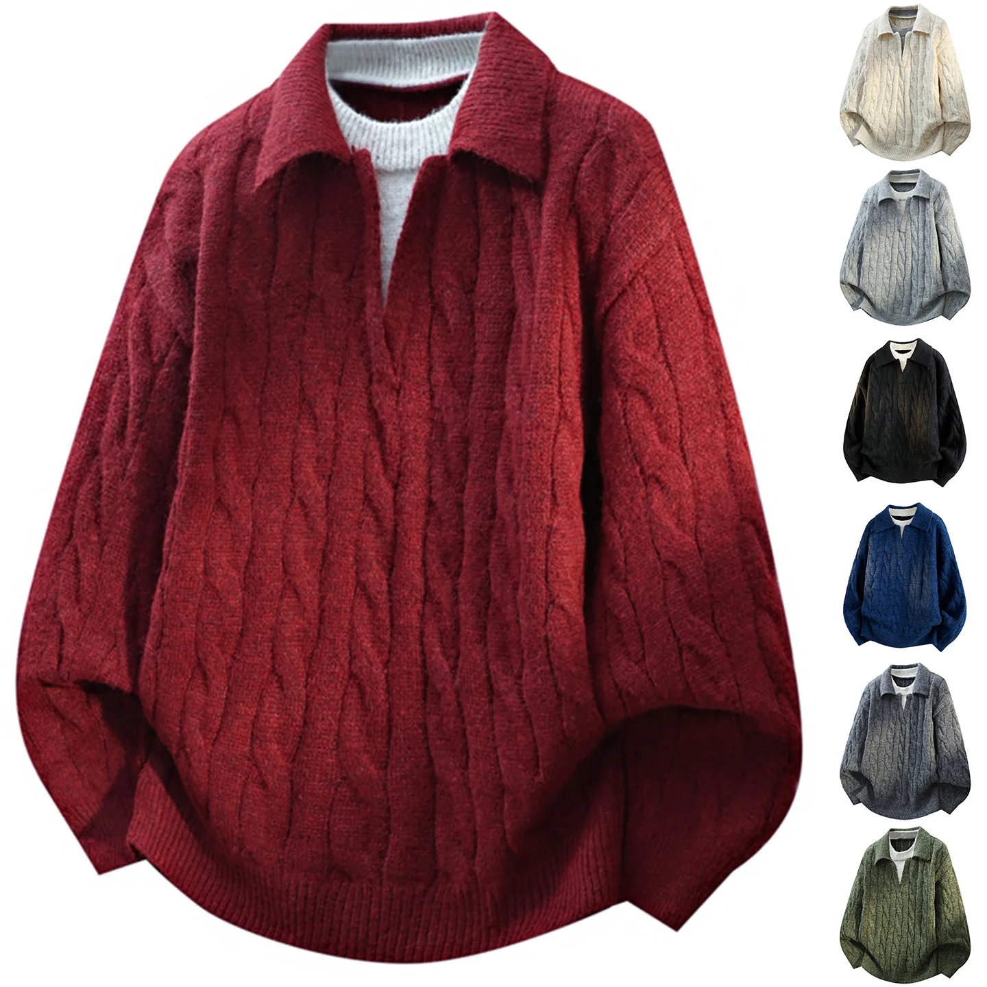 Autumn Winter Fake Two-Piece V-Neck Cable Knit Polo Sweater Men's Business Casual Outerwear