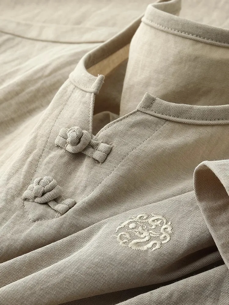 

Busin Casual Men's ort Sve T-irt Henry Collar Embroidered Qui Dry Cotton Blend Summer Faion Trend Breathable