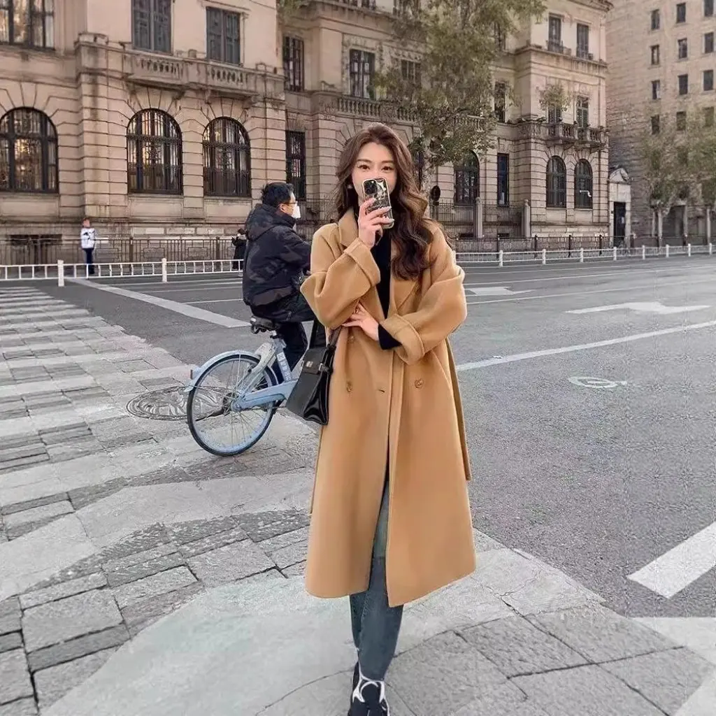 

Women's Maillard High-End Fashion Woolen Coat Double-Breasted Design Mid-Length Trendy Autumn Winter Outerwear