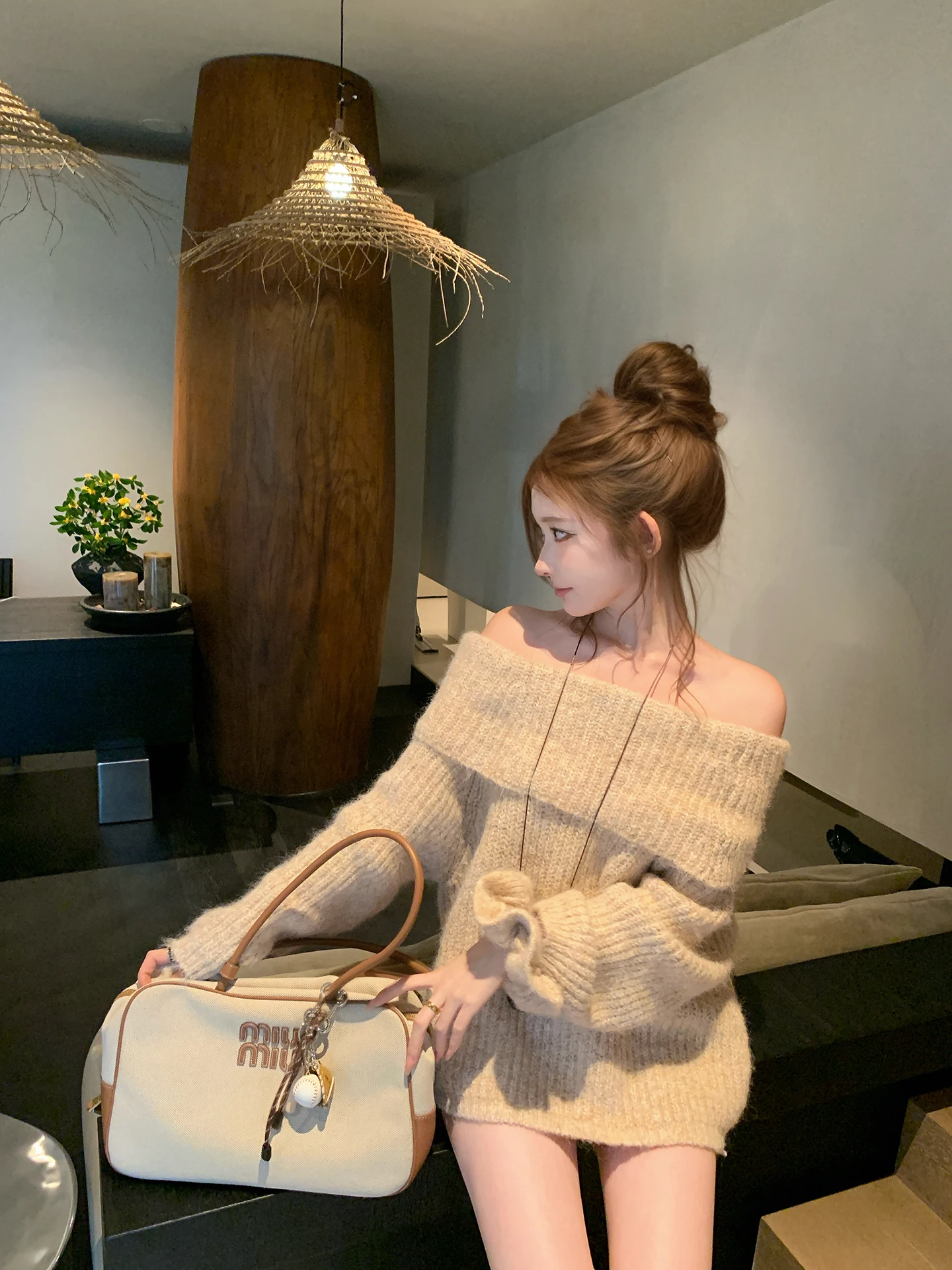 

Chen DaYu корейский свободный свитер с овальными плечами, женский осенне-зимний вязаный топ с ленивым рукавом