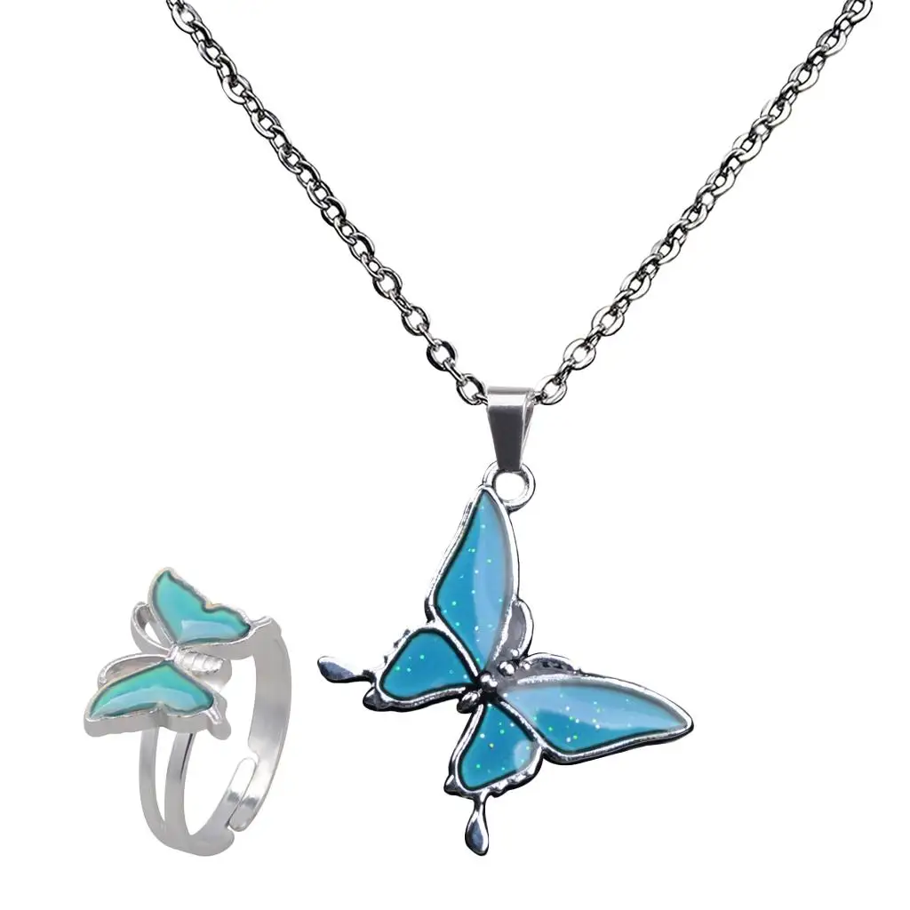 Mood Change Necklace Butterfly Pendant Fashion Jewelry Set Color Change Jewelry for Gift and Party