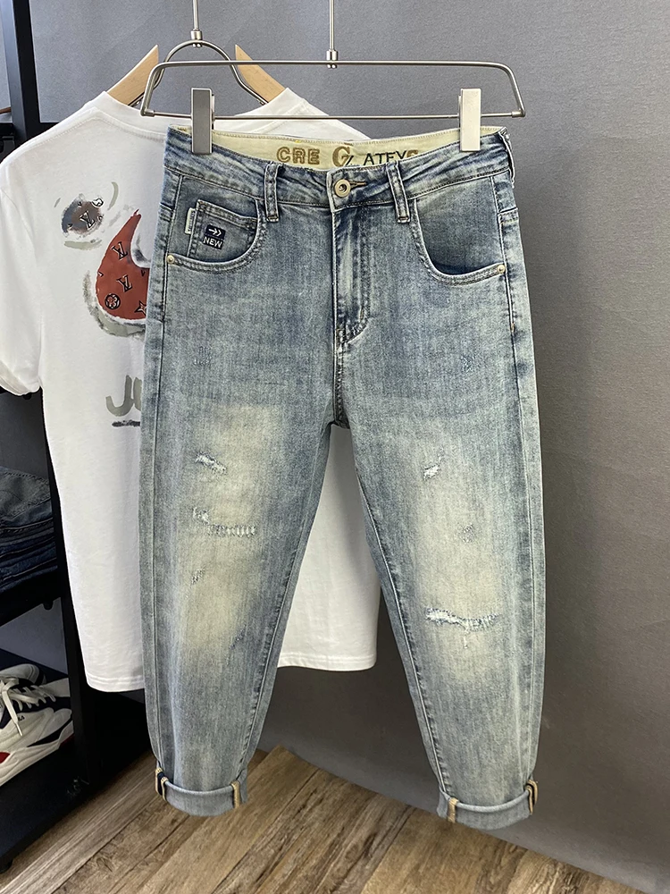 

Мужские весенне-летние тонкие американские ретро свободные эластичные джинсовые джинсы с конусом и средней талией, хлопковые эластичные джинсовые джинсы, маленькие Strai...