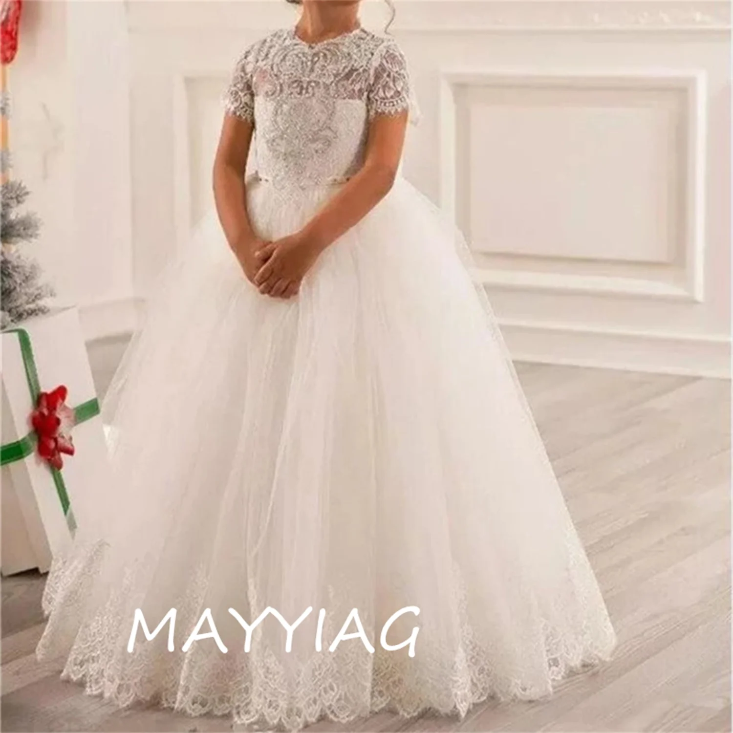 

Real Pictures Crystals Tulle Flower Girl Dresses Children Pageant Ball Gown Holy Communion Kids Wears