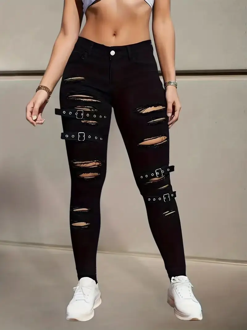 

Women's Ripped Jeans Slimming Fit Black Casual Pants Fashion High Street Pencil Pants Trousers