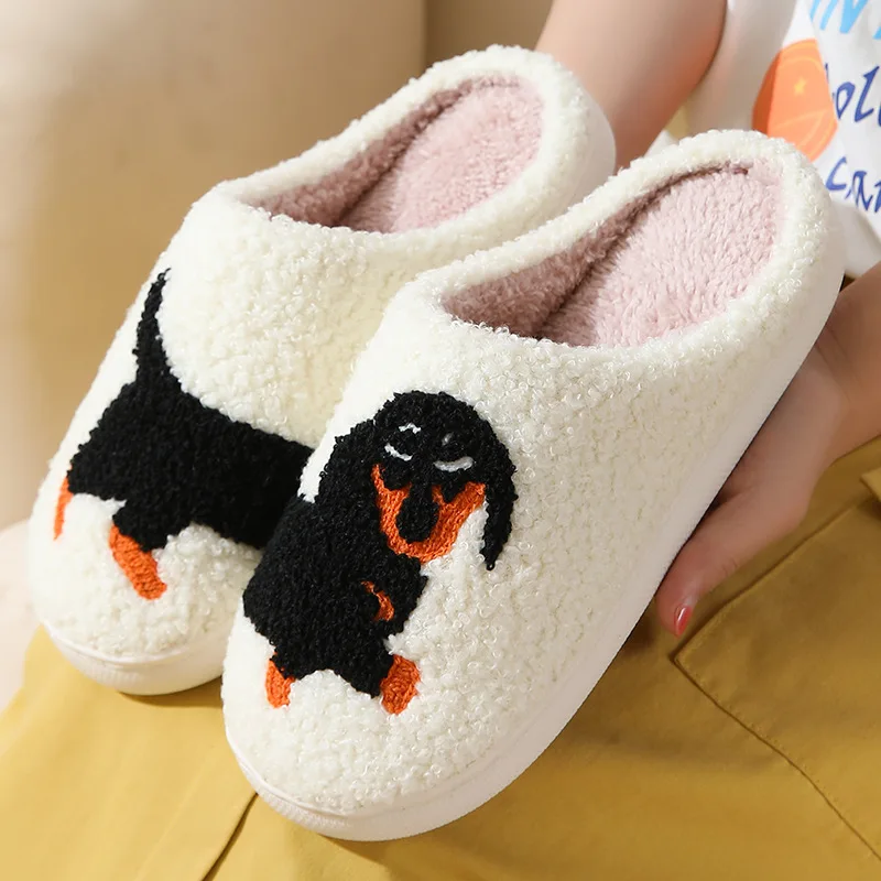 Winter Pet Pattern Dachshund Embroidery stuffed Home Thick Sole plaid Furry Cotton Slippers Cute Warm Non-slip Indoor Slippers