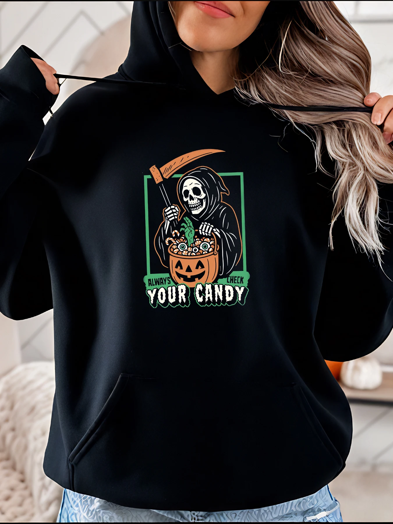 

Halloween Hoodie Grim Reaper Pumpkin Candy Print Casual Sweatshirt Women's Autumn Winter Costume Wear