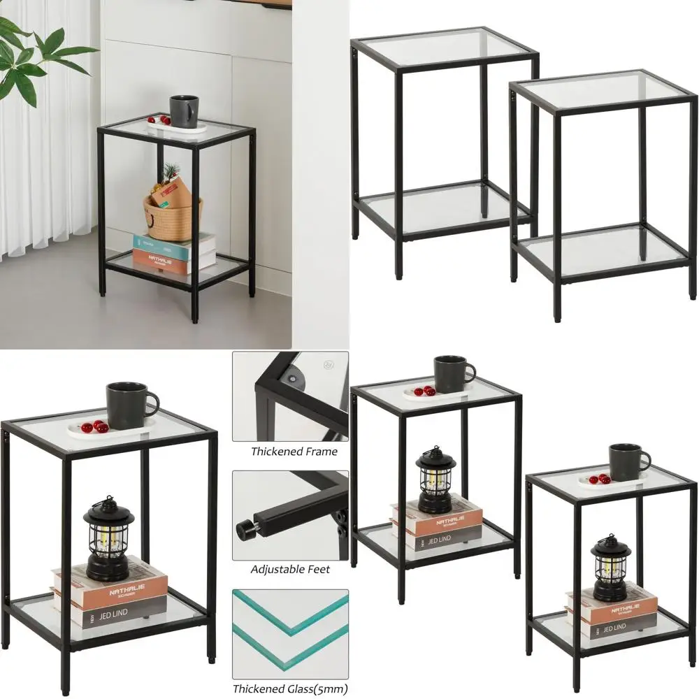 

Современный приставной столик из закаленного стекла - изящный черный металл, идеально подходит для компактных гостиных и спален (комплект из 2 штук)