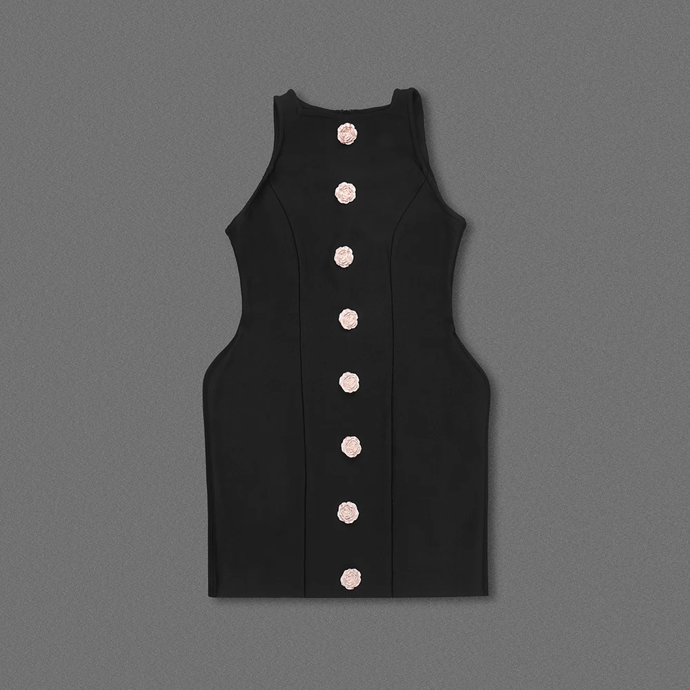 GORAFASHION Latest Designer Boutique Women Clothing Sexy Elegant Sleeveless Vest Button Design Bodycon Bandage MINI Dresses