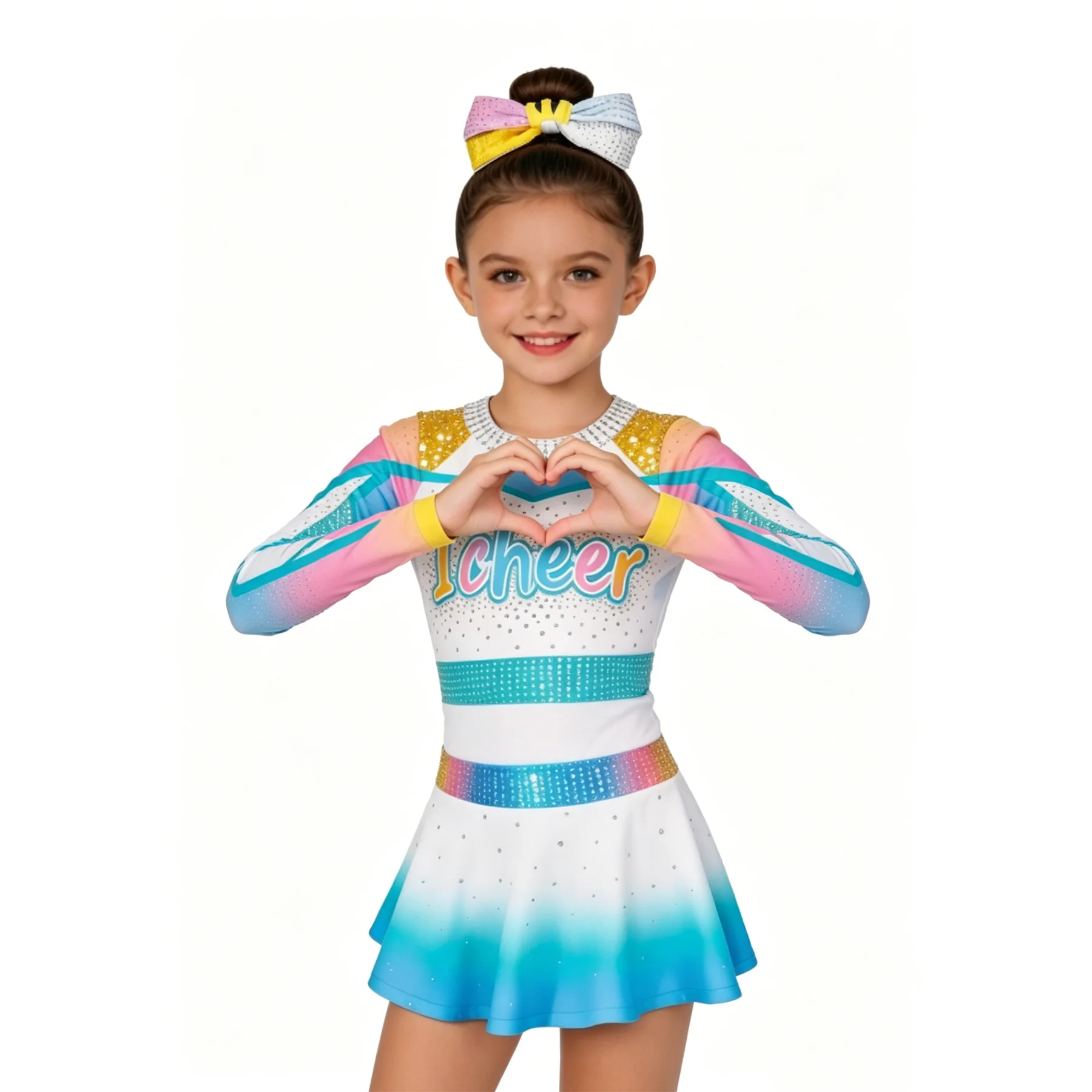

Sparkly Rhinestone Cheerleading Outfit Girls Rainbow Gradient Long Sleeve Cheer Costume Bow Performance Dance Wear Uniform