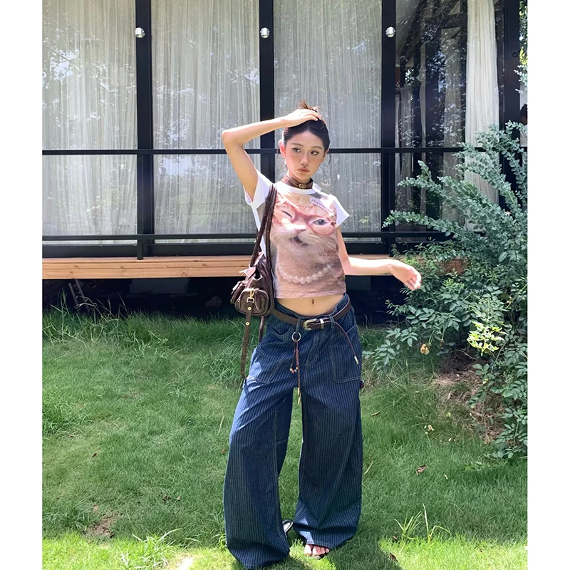 Damskie jeansy w stylu Y2K z szerokimi nogawkami, w paski, vintage, na jesień 2025, Harajuku, spodnie dżinsowe, japońskie, oversize, boyfriend, cargo, lata 2000, lata 90.