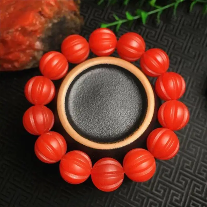 Raw Ore Baoshan South Red Carved Melon Beads Bracelet Men's and Women's South Red Smiling Buddha Bracelet Full of Meat Melon Bea