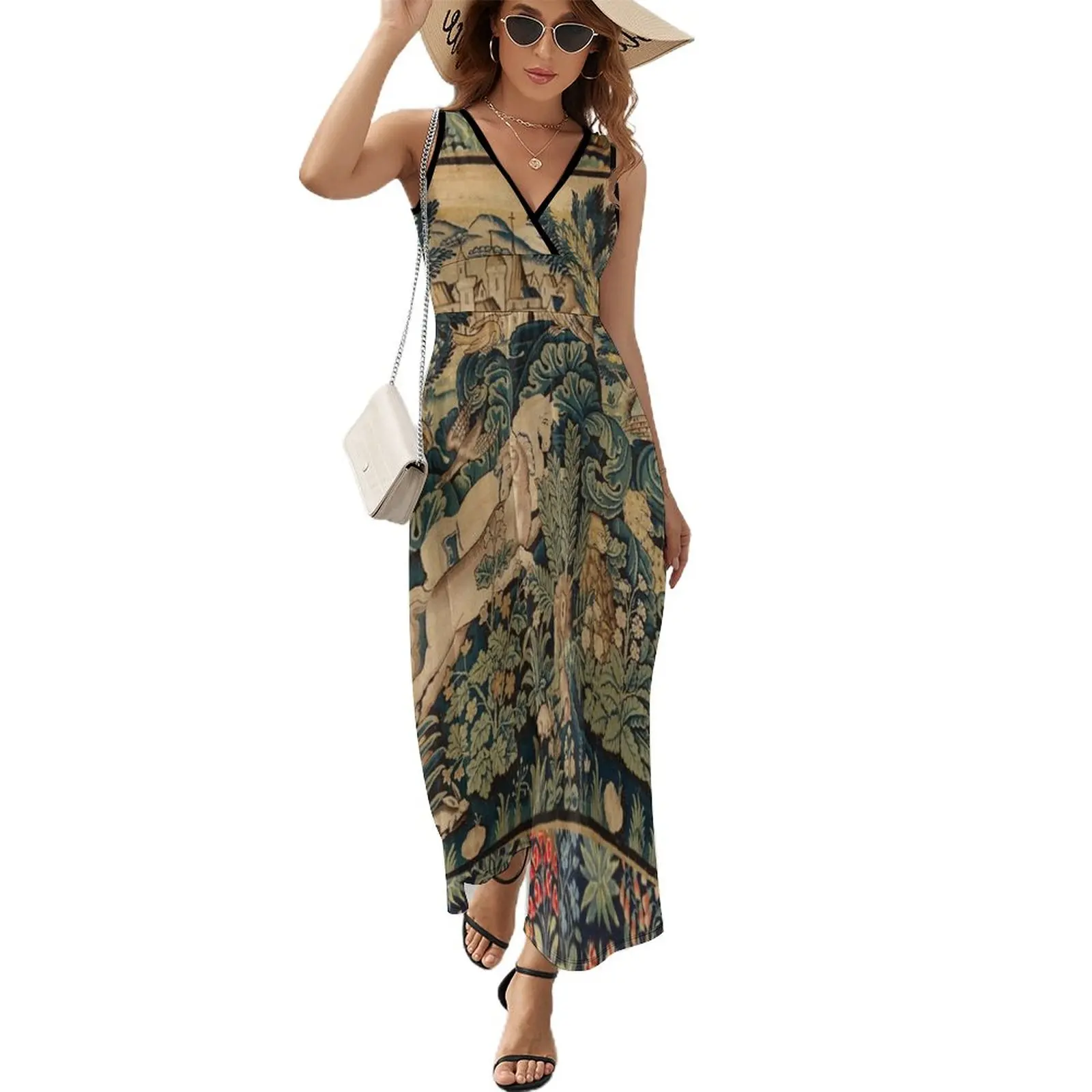 

FANTASTIC ANIMALS AND HORSES IN WOODLAND Blue Green Ivory Antique French Tapestry Sleeveless Dress women's luxury party dress