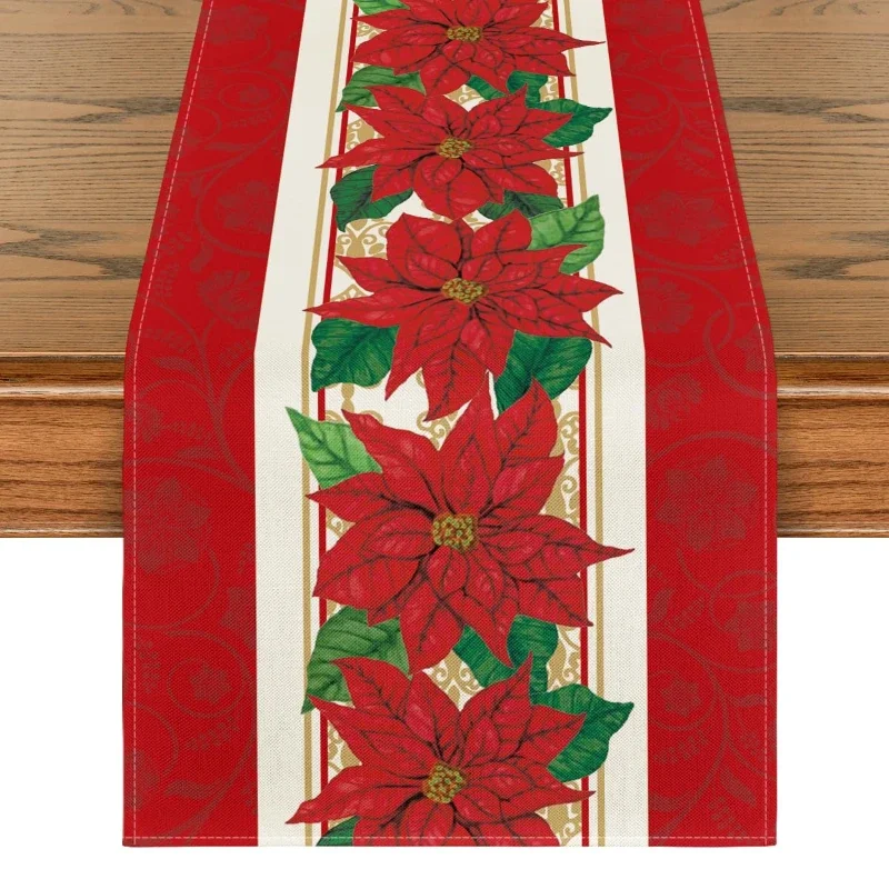 Table Runner Cotton Dark Green Holly Berry Leaf Floral Pattern Vintage Botanical Christmas Piano Cover