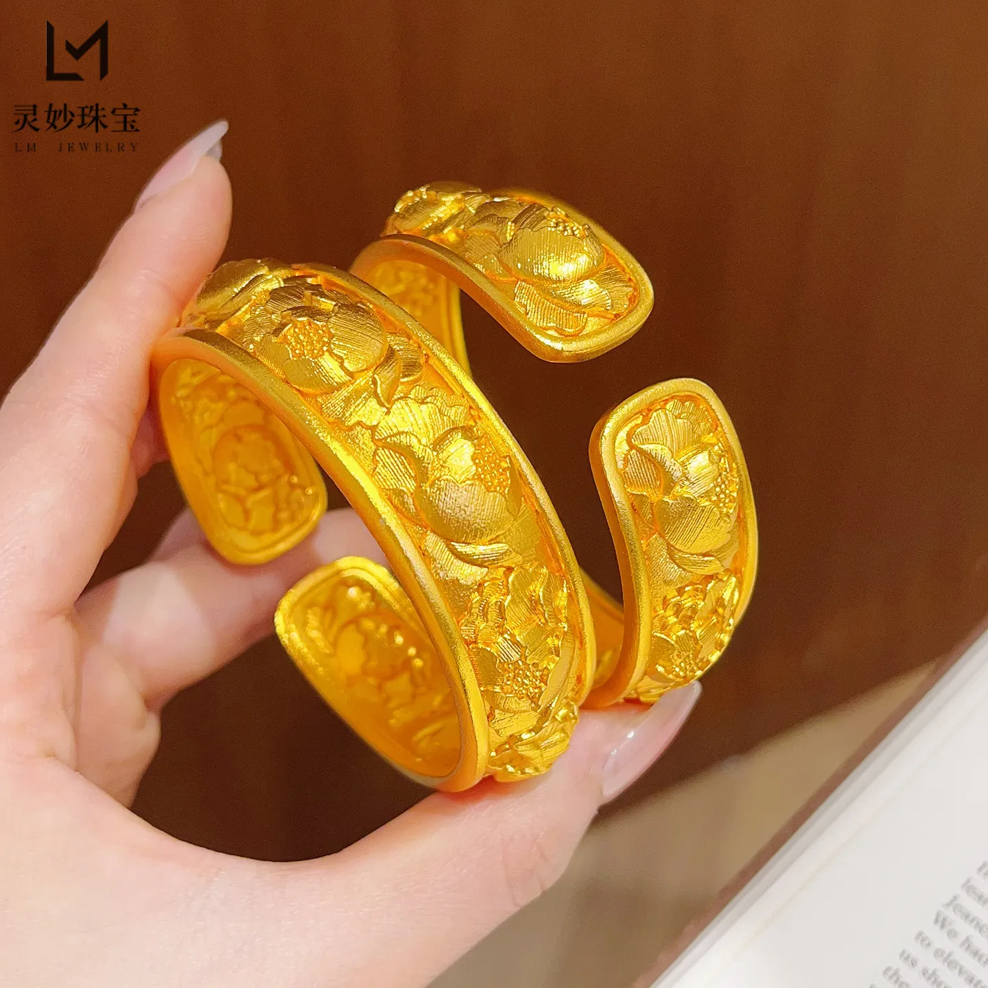 Sentimental Bangle Women's 24K Gold AU999 - Full Gold Peony Open Bangle, Nine Flowers Wedding Blessing, Wedding Keepsake