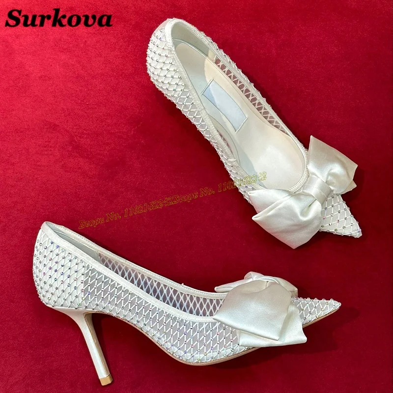 Bowknot Rhinestone Pumps Summer New Mesh Pointed Stiletto High Heels Fashionable Breathable Banquet Dress Wedding Pumps Female