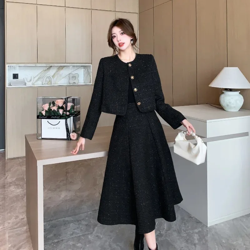 UNXX Small Fragrant Style Short Pattern Tweed Round Neck Blazer + Skirt Sets Vintage Shiny Silk Jacket Half Skirt Two Piece Set