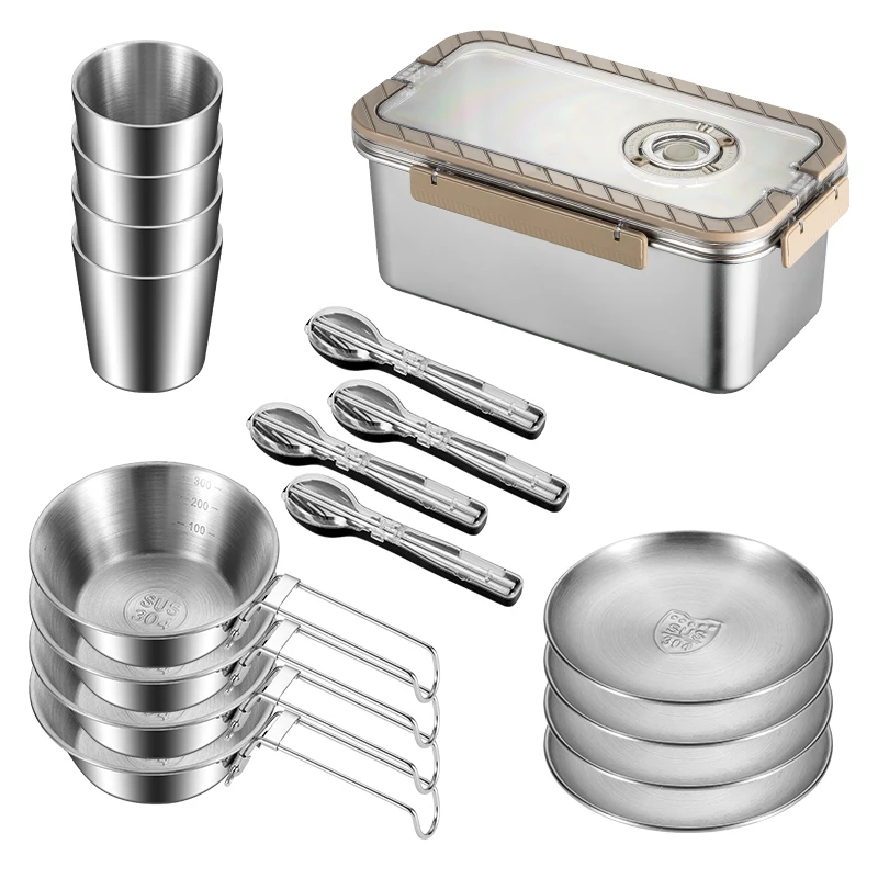 

Outdoor Tableware Portable Set 30pcs Set Durable Camping Equipment Picnic Bowls Plates Cups Spoons 304 Stainless Steel