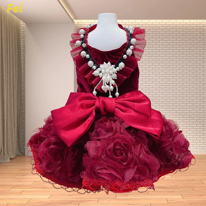 Burgundy Dog Party Dress Handmade - Princess Lace Gown with Pearl Roses for Small Dogs Medium Breed Wedding Birthday Celebration