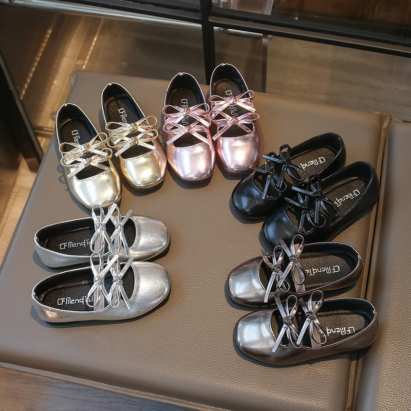 

Весенние туфли для девочек на плоской подошве с металлическим покрытием, украшенные бантом, милые детские туфли-принцессы с эластичной лентой, квадратный носок, удобная детская обувь, размеры 23-36