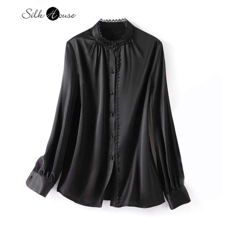 2023 Women's Fashion Autumn New French Small Stand Neck Long Sleeve Design Lace-trimmed Top Natural Mulberry Silk Satin Shirt