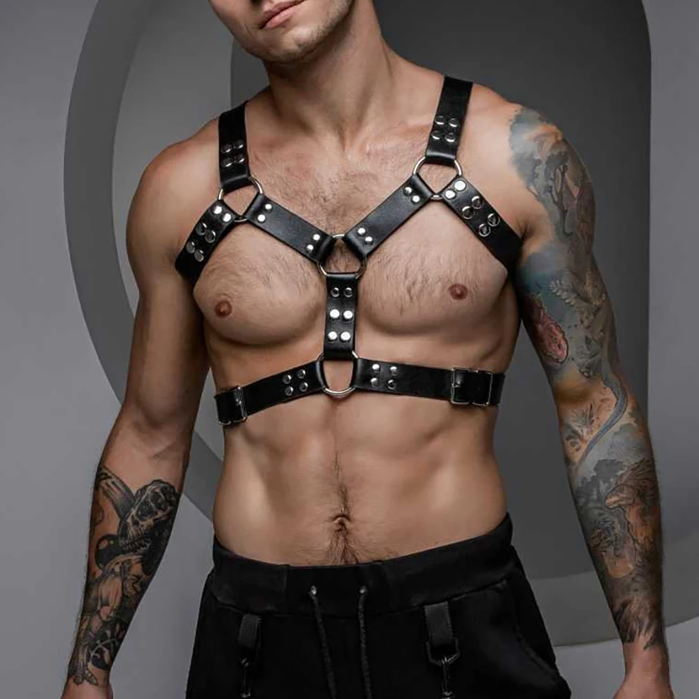 PU Leather Chest Harness for Men, Adjustable Suspenders