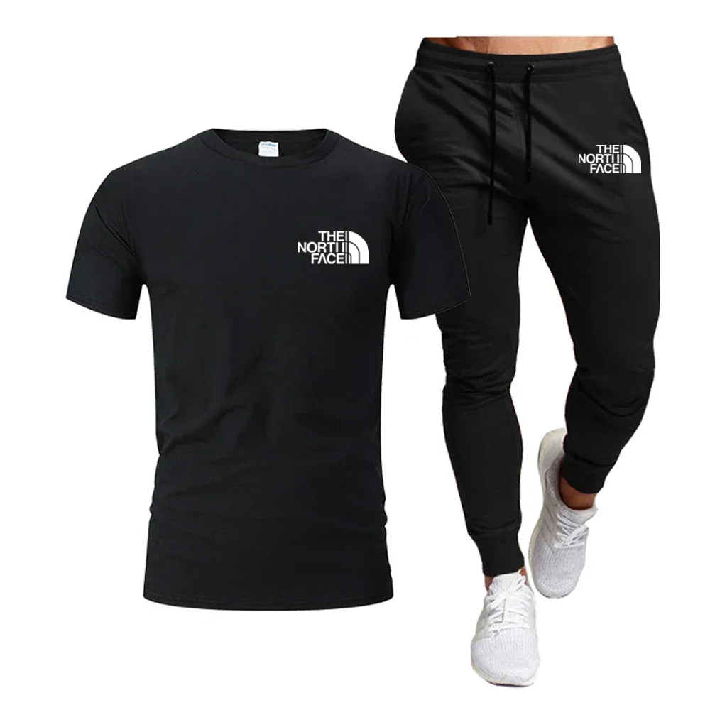

Summer 2025 Men Tops 100% Fashion Cotton Short Sleeve Long Sweatpants Streetwear 2 Piece Sets Men Clothing