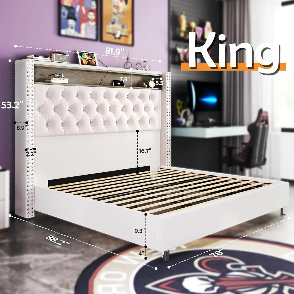 LED King Size Bed Frame and Headboard with Charging Station Velvet Upholstered Beds, No Box Spring Needed, King Size  Bed Frame