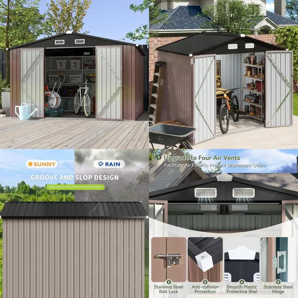 

Наружный сарай для хранения вещей 10x8 Металлический садовый сарай с двойной откидной дверью, запираемой, наклонной крышей для максимального пространства и безопасности