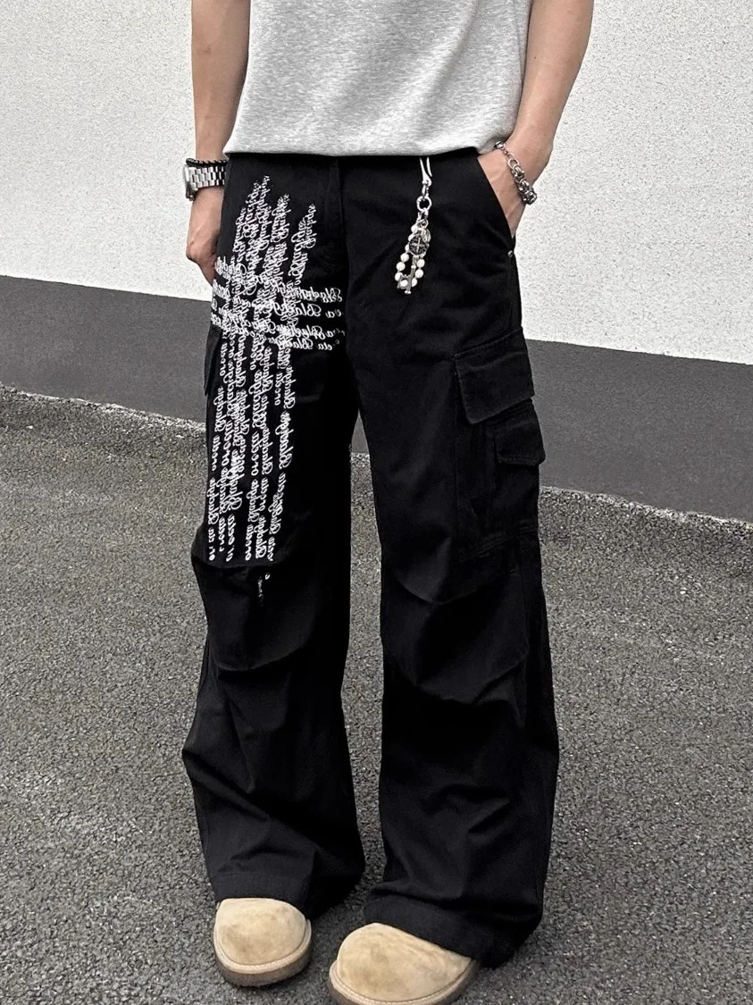 

American Retro Cross Print Design Multi ket Denim Work Pants Loose Straight Casual Trousers for Men Daily Wear Durable